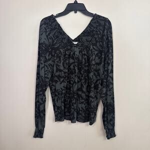 Zac & Rachel XL Green Black Floral Smocked V Neck Blouse